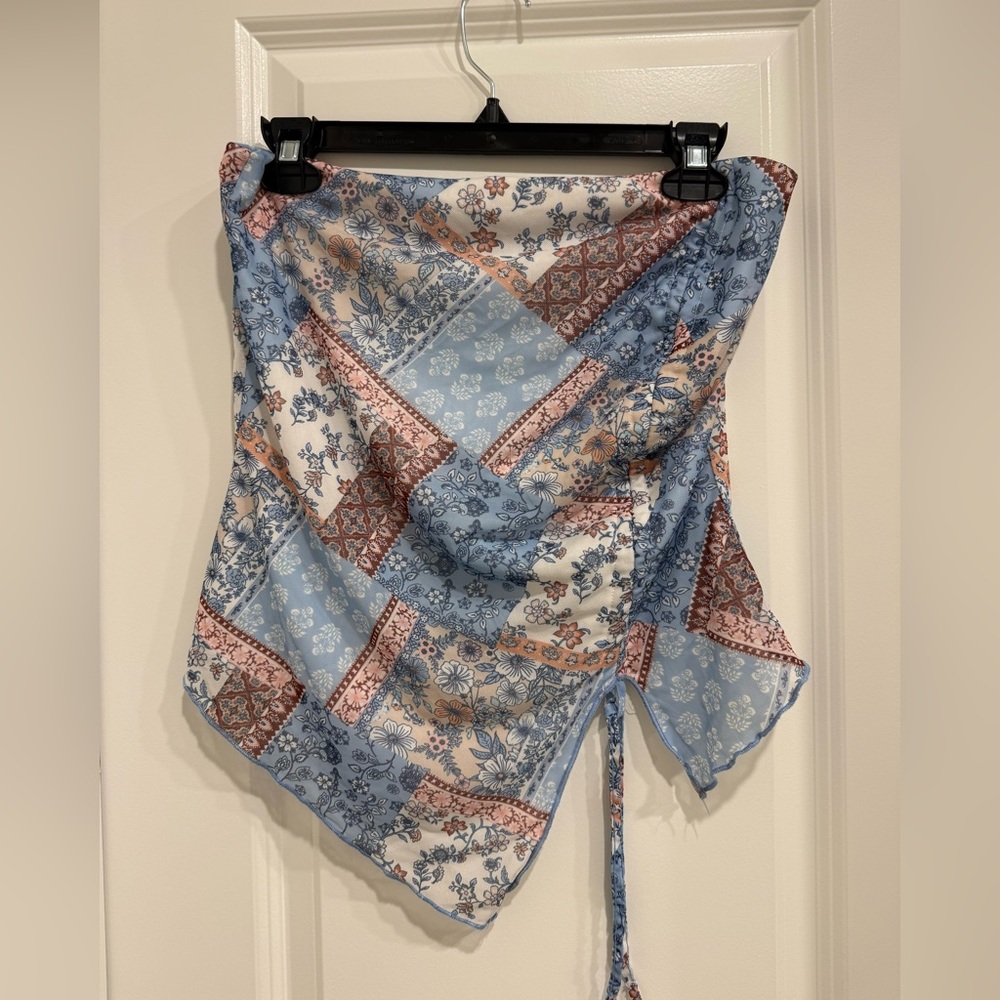 Almost Famous Blue and Brown Patchwork Top